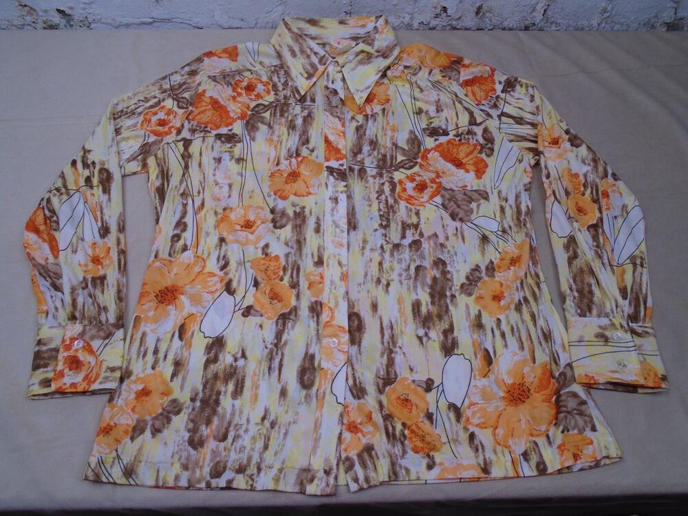 Vintage 70s Disco Shirt Button Up Dagger Collar Floral Print Womens Large Art